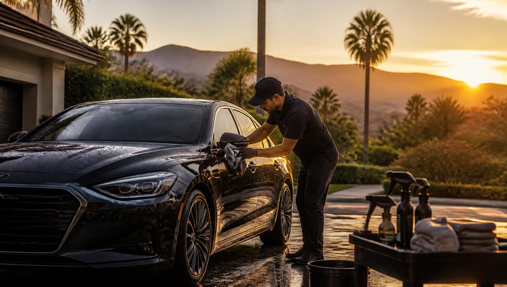 Mobile detailing professional washing a sedan at sunset in Pasadena with palm trees and mountains